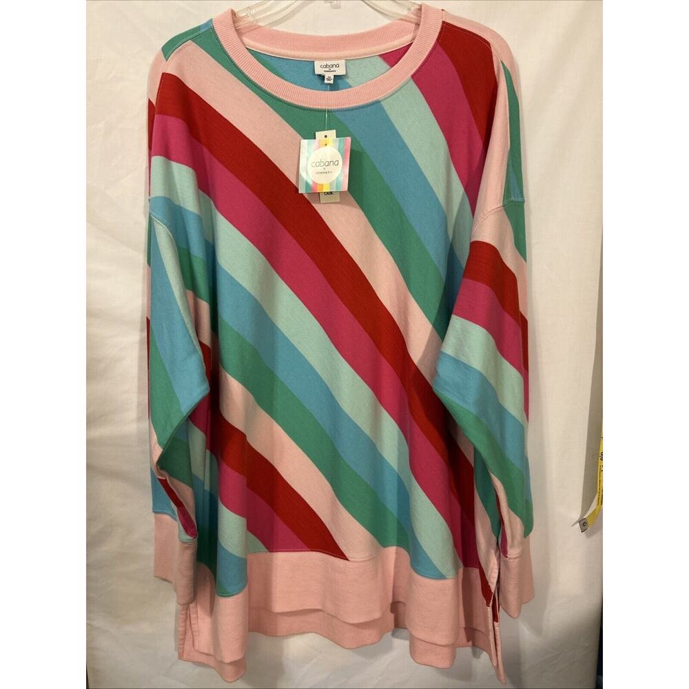 NWT Cabana Woman 2x Sweatshirt Multi Stripe Sweepers Boat Neck Tunic Rainbow